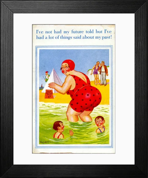 Framed Print : Comic postcard, Large woman paddling in the sea Date: 20th century Framed Print : Comic postcard, Large woman paddling in the sea Date: 20th century