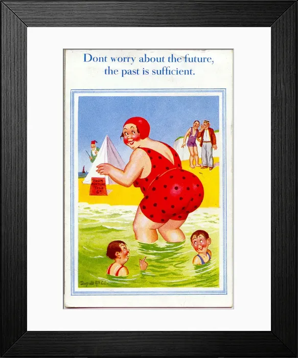 Framed Print : Comic postcard, Large woman paddling in the sea Date: 20th century Framed Print : Comic postcard, Large woman paddling in the sea Date: 20th century