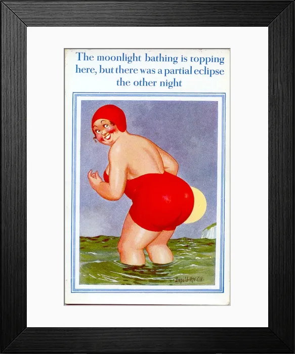 Framed Print : Comic postcard, Large woman paddling in the moonlight Date: 20th century Framed Print : Comic postcard, Large woman paddling in the moonlight Date: 20th century