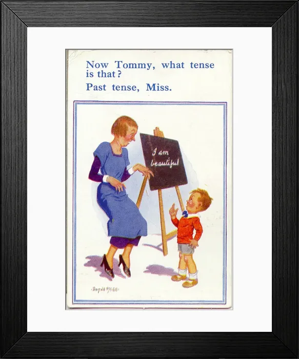 Framed Print : Comic postcard, Little boy and teacher Framed Print : Comic postcard, Little boy and teacher