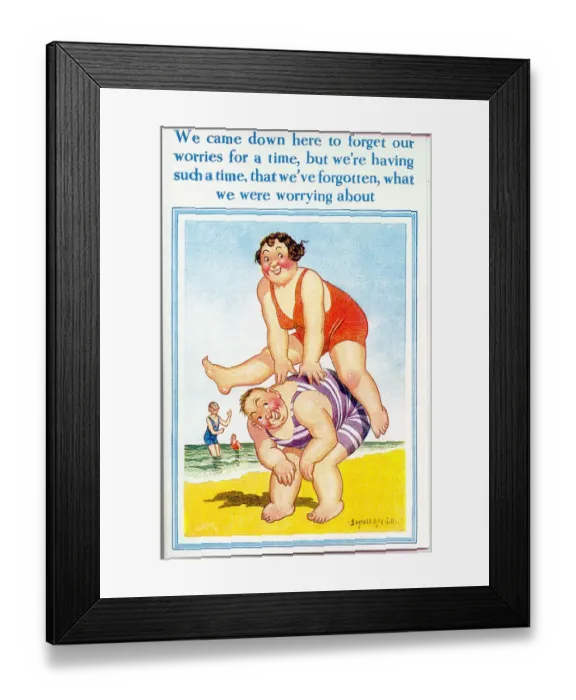 Framed Print : Comic postcard, Plump couple leapfrogging on the beach Framed Print : Comic postcard, Plump couple leapfrogging on the beach