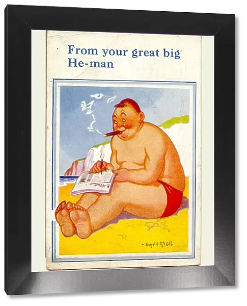 Comic postcard, Plump man writing a postcard on the beach and smoking a cigar Date