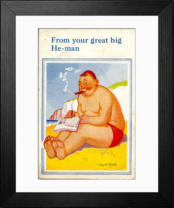 Framed Print : Comic postcard, Plump man writing a postcard on the beach and smoking a cigar Date Framed Print : Comic postcard, Plump man writing a postcard on the beach and smoking a cigar Date