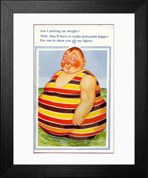 Framed Print : Comic postcard, Plump man bathing in the sea Framed Print : Comic postcard, Plump man bathing in the sea