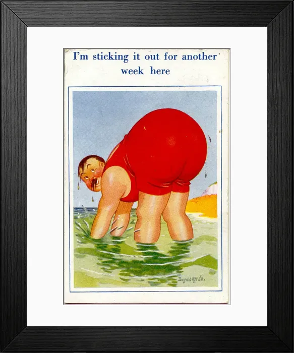 Framed Print : Comic postcard, Plump man paddling in the sea Date: 20th century Framed Print : Comic postcard, Plump man paddling in the sea Date: 20th century