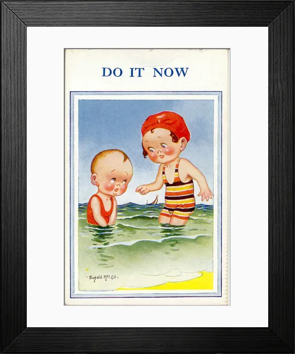 Framed Print : Comic postcard, Little boy and girl in the sea Framed Print : Comic postcard, Little boy and girl in the sea