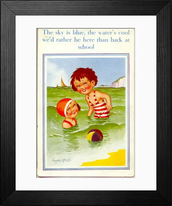 Framed Print : Comic postcard, Little boy and girl in the sea, having a break from school Date Framed Print : Comic postcard, Little boy and girl in the sea, having a break from school Date