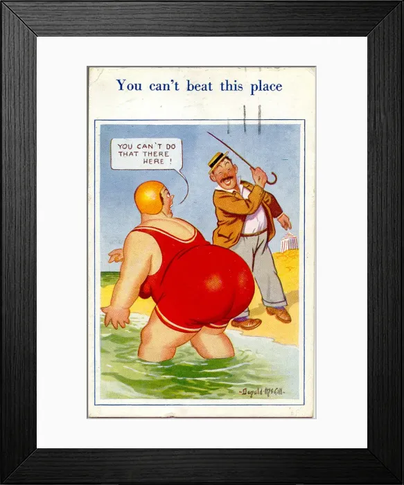 Framed Print : Comic postcard, Plump woman paddling in the sea Framed Print : Comic postcard, Plump woman paddling in the sea