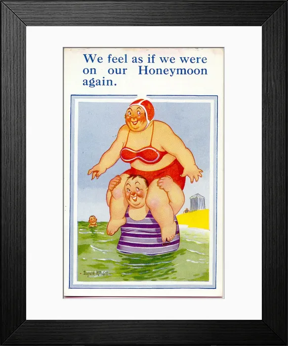 Framed Print : Comic postcard, Plump couple in the sea Date: 20th century Framed Print : Comic postcard, Plump couple in the sea Date: 20th century
