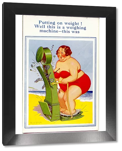 Comic postcard, Plump woman weighing herself