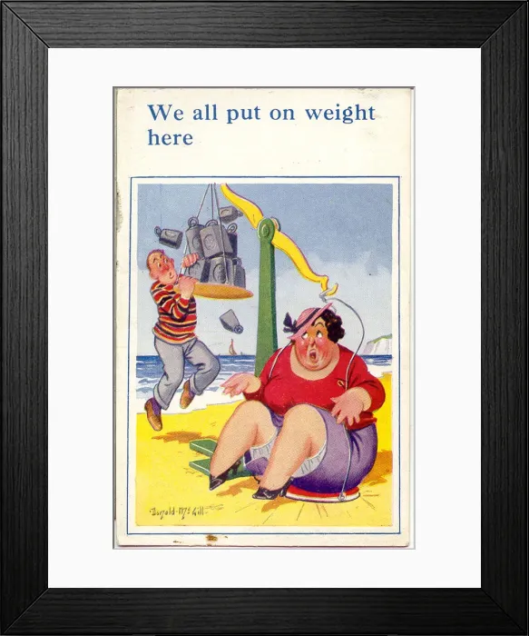 Framed Print : Comic postcard, Plump woman weighing herself on scales on the beach Date Framed Print : Comic postcard, Plump woman weighing herself on scales on the beach Date