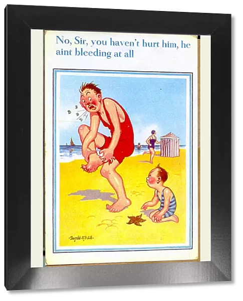 Comic postcard, Man, boy and starfish on the beach Date: 20th century