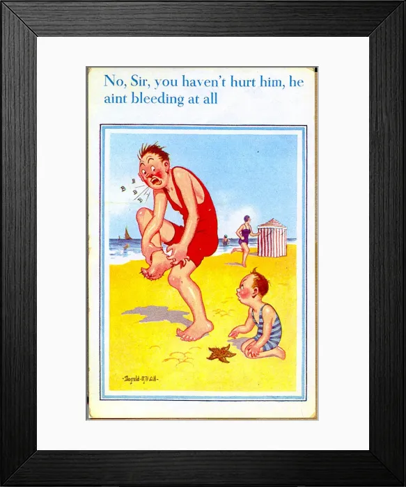 Framed Print : Comic postcard, Man, boy and starfish on the beach Date: 20th century Framed Print : Comic postcard, Man, boy and starfish on the beach Date: 20th century