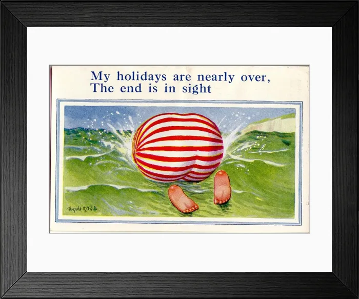 Framed Print : Comic postcard, Plump holidaymaker in the sea Framed Print : Comic postcard, Plump holidaymaker in the sea
