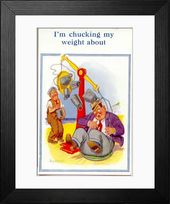 Framed Print : Comic postcard, Plump man weighing himself on scales on the beach Date: 20th century Framed Print : Comic postcard, Plump man weighing himself on scales on the beach Date: 20th century