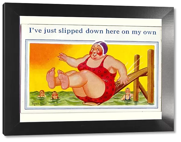 Comic postcard, Large woman sliding into the sea