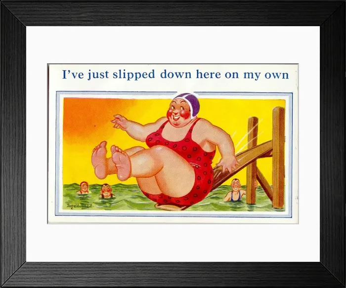 Framed Print : Comic postcard, Large woman sliding into the sea Framed Print : Comic postcard, Large woman sliding into the sea