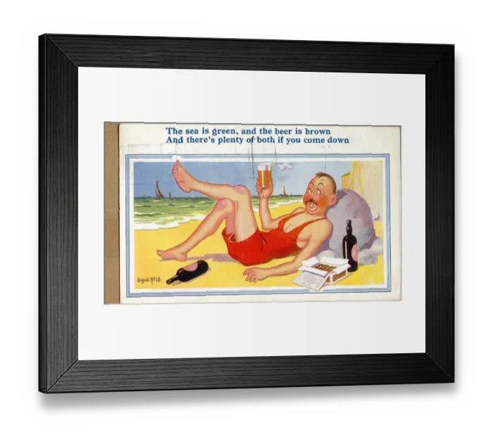 Framed Print : Comic postcard, Man enjoying a glass of beer on the beach Date: 20th century Framed Print : Comic postcard, Man enjoying a glass of beer on the beach Date: 20th century