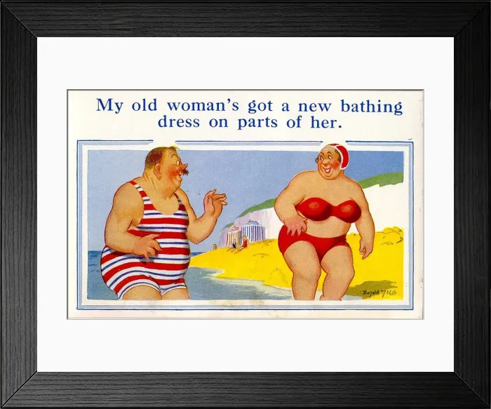 Framed Print : Comic postcard, Large man and woman in the sea Framed Print : Comic postcard, Large man and woman in the sea