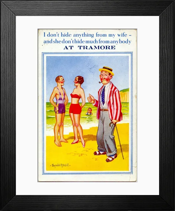 Framed Print : Comic postcard, Woman in red bikini at the seaside, chatting to a man on the beach while Framed Print : Comic postcard, Woman in red bikini at the seaside, chatting to a man on the beach while
