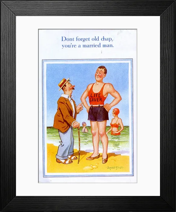 Framed Print : Comic postcard, Man chats with lifeguard on the beach Date: 20th century Framed Print : Comic postcard, Man chats with lifeguard on the beach Date: 20th century
