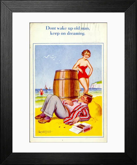 Framed Print : Comic postcard, Man drinking from a beer barrel at the seaside Date: 20th century