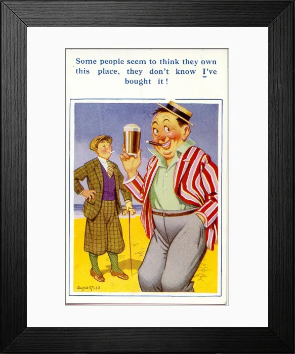Framed Print : Comic postcard, Man with a glass of beer on the beach Date: 20th century Framed Print : Comic postcard, Man with a glass of beer on the beach Date: 20th century