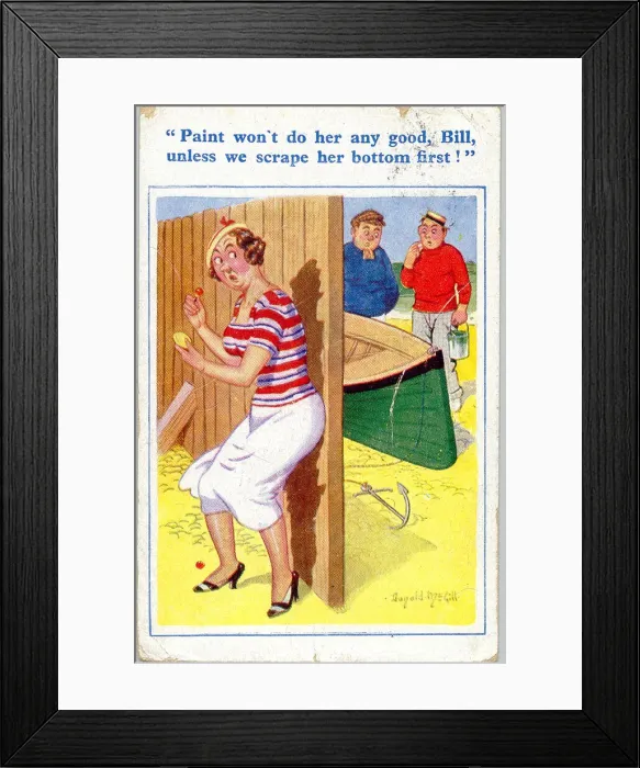 Framed Print : Comic postcard, Woman, men and boat at the seaside Date: 20th century Framed Print : Comic postcard, Woman, men and boat at the seaside Date: 20th century