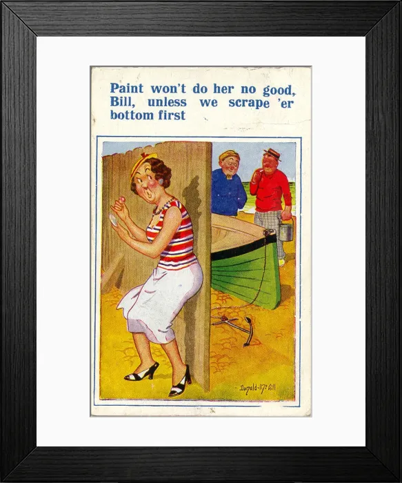 Framed Print : Comic postcard, Woman, men and boat at the seaside Date: 20th century Framed Print : Comic postcard, Woman, men and boat at the seaside Date: 20th century