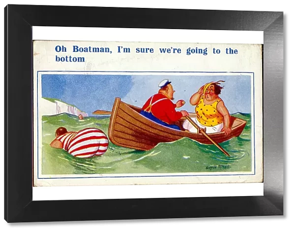 Comic postcard, Plump woman in a rowing boat Date: 20th century