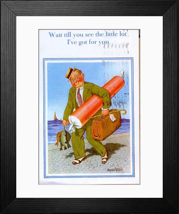 Framed Print : Comic postcard, Man at the seaside with a large stick of rock and some fish Date Framed Print : Comic postcard, Man at the seaside with a large stick of rock and some fish Date