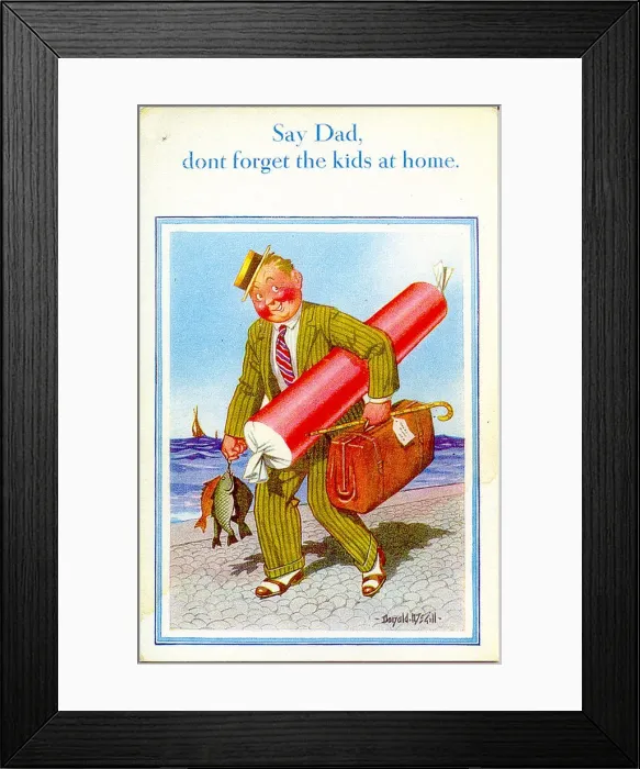 Framed Print : Comic postcard, Man at the seaside with a large stick of rock and some fish Date Framed Print : Comic postcard, Man at the seaside with a large stick of rock and some fish Date