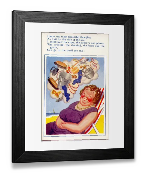 Framed Print : Comic postcard, Woman in deckchair at the seaside, dreaming of all the housework she Framed Print : Comic postcard, Woman in deckchair at the seaside, dreaming of all the housework she