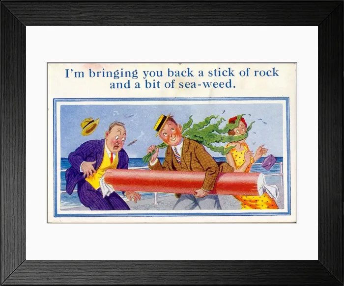 Framed Print : Comic postcard, Man at the seaside with a large stick of rock and some seaweed Date Framed Print : Comic postcard, Man at the seaside with a large stick of rock and some seaweed Date