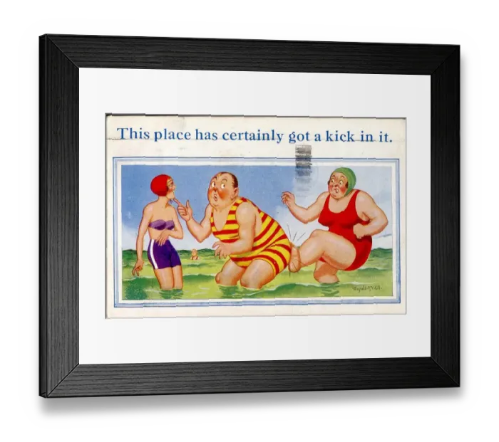 Framed Print : Comic postcard, Man, wife and pretty woman paddling in the sea Date: 20th century