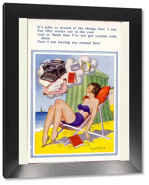 Comic postcard, Woman in deckchair at the seaside, dreaming of all the office work she