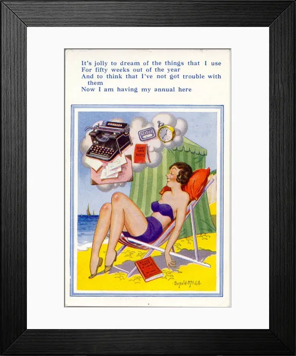 Framed Print : Comic postcard, Woman in deckchair at the seaside, dreaming of all the office work she Framed Print : Comic postcard, Woman in deckchair at the seaside, dreaming of all the office work she