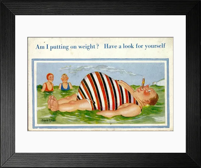 Framed Print : Comic postcard, Plump man floating on the sea Date: 20th century Framed Print : Comic postcard, Plump man floating on the sea Date: 20th century