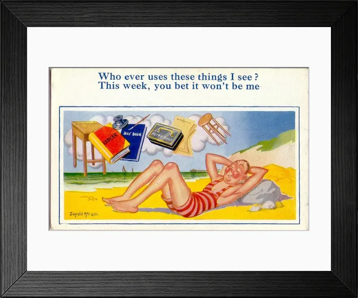 Framed Print : Comic postcard, Man asleep on the beach Framed Print : Comic postcard, Man asleep on the beach
