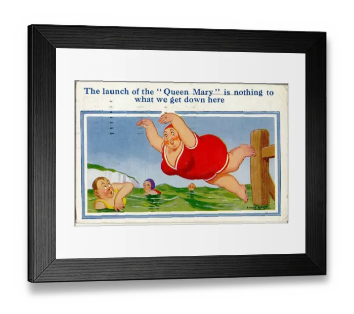 Framed Print : Comic postcard, Large woman diving into the sea Date: 20th century Framed Print : Comic postcard, Large woman diving into the sea Date: 20th century