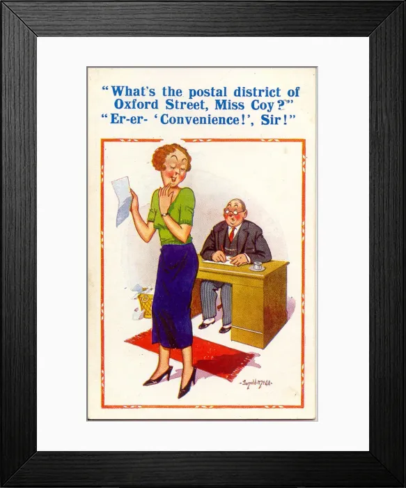 Framed Print : Comic postcard, Coy secretary answers boss Framed Print : Comic postcard, Coy secretary answers boss