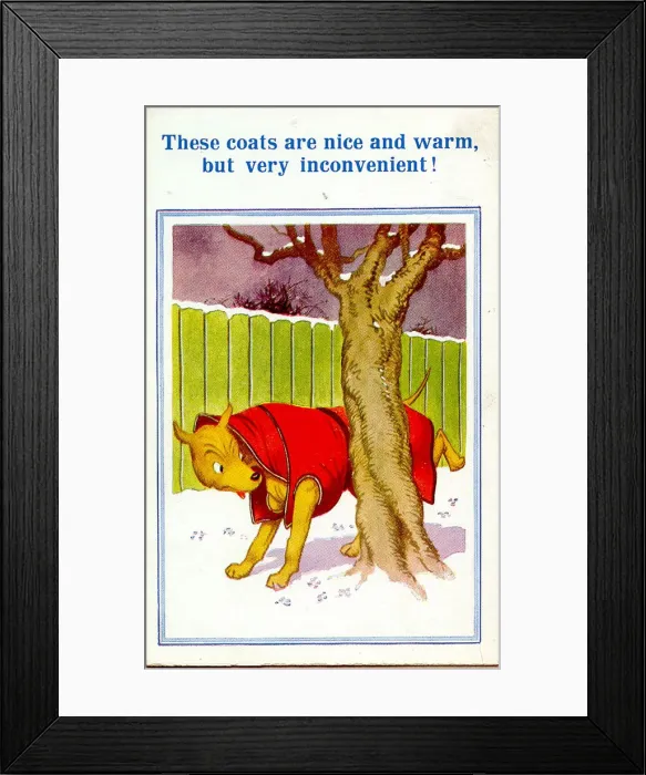 Framed Print : Comic postcard, Dog wearing coat in winter Framed Print : Comic postcard, Dog wearing coat in winter