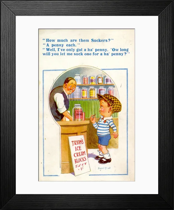 Framed Print : Comic postcard, Little boy and shopkeeper Date: 20th century Framed Print : Comic postcard, Little boy and shopkeeper Date: 20th century