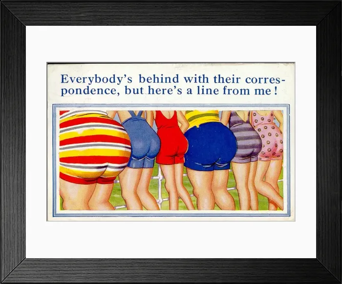 Framed Print : Comic postcard, A row of six bottoms in swimsuits at the seaside Date: 20th century Framed Print : Comic postcard, A row of six bottoms in swimsuits at the seaside Date: 20th century