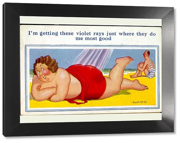 Comic postcard, Large woman sunbathing at the seaside Date: 20th century