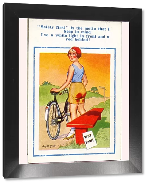 Comic postcard, Woman with bicycle on country lane Date: 20th century
