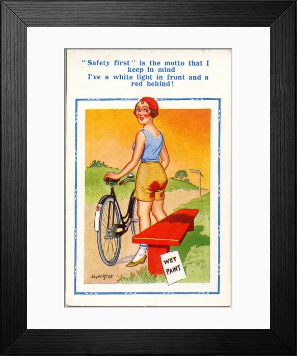 Framed Print : Comic postcard, Woman with bicycle on country lane Date: 20th century Framed Print : Comic postcard, Woman with bicycle on country lane Date: 20th century