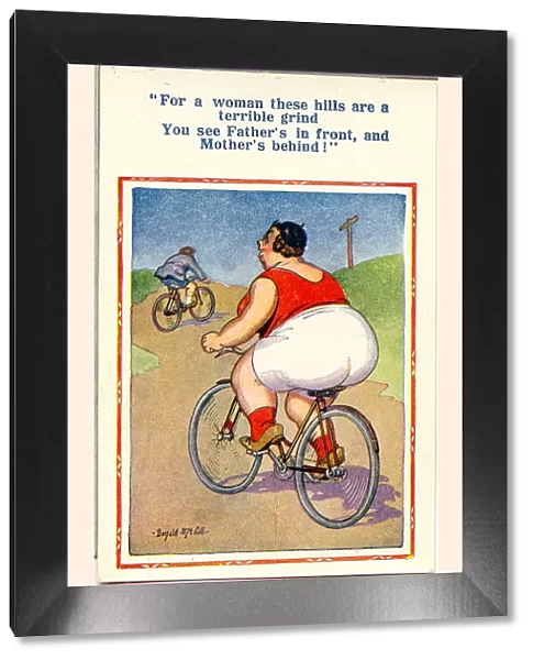 Comic postcard, Couple riding bicycles on a country lane Date: 20th century