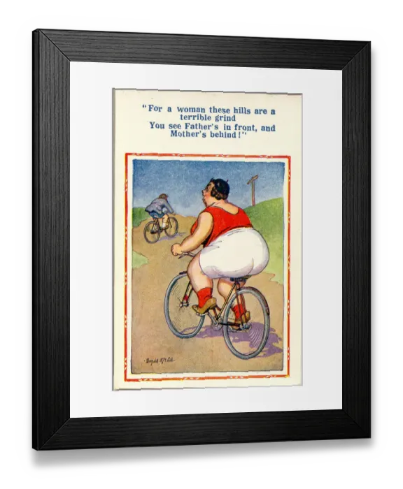 Framed Print : Comic postcard, Couple riding bicycles on a country lane Date: 20th century Framed Print : Comic postcard, Couple riding bicycles on a country lane Date: 20th century