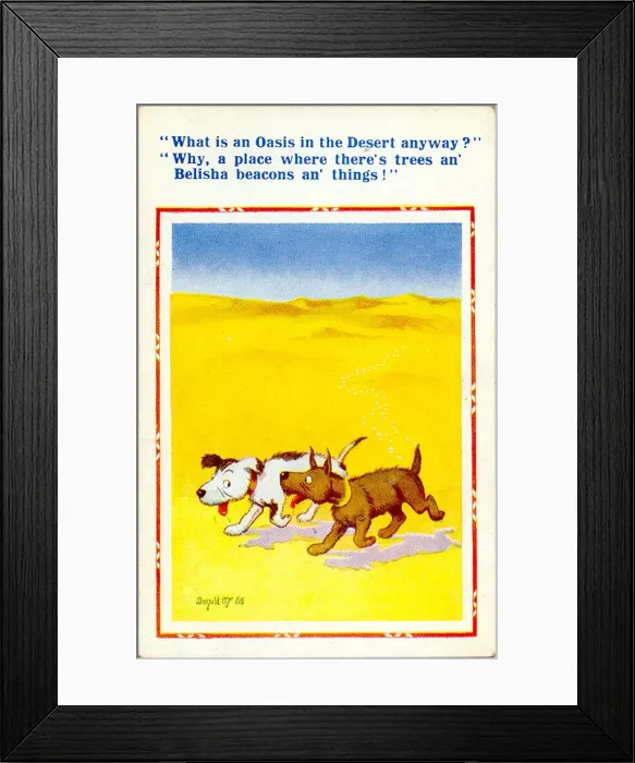 Framed Print : Comic postcard, Two dogs in the desert Framed Print : Comic postcard, Two dogs in the desert